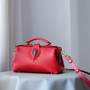 Red Leather Doctor Bag with Labradorite Stone: Full Grain Leather Purse
