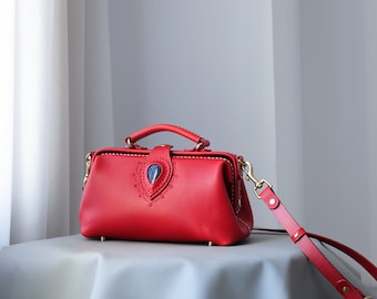 Red Leather Doctor Bag with Labradorite Stone: Full Grain Leather Purse