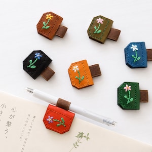Leather Magnetic Pen Clip, Hand-Embroidered Flower, Planner Bookmark Loop, Personalized Initials