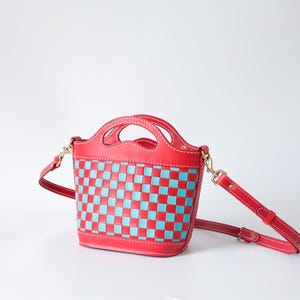Handmade Woven Leather Basket Bag: Checkered Shoulder Purse Red+Blue