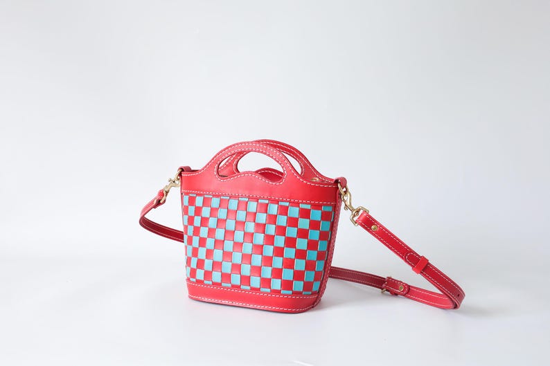 Handmade Woven Leather Basket Bag: Checkered Shoulder Purse Red+Blue