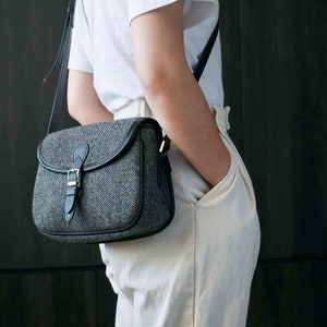 Harris Tweed Lady's Wool Leather Saddle Bag Frauen Crossbody Bag, Long Strap Geldbörse, Schultertasche jeden Tag tragen