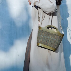 Lady's Wollledertasche Handgefertigtes Leder und Harris Tweed Korbtasche Top Griff Tasche Jeden Tag tragen - Einzigartiges und bezauberndes Design