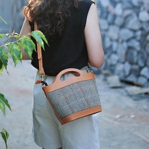 Lady's Wollledertasche Handgefertigtes Leder und Harris Tweed Korbtasche Top Griff Tasche Jeden Tag tragen - Einzigartiges und bezauberndes Design