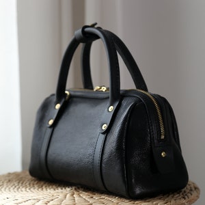 Mini Boston Bag- Women's Soft Leather Barrel Bag Handmade Shoulder Bag Top Leather Handle Bag
