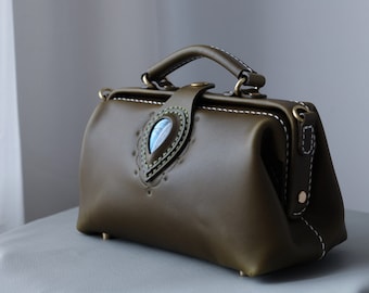 Leather Doctor Bag with Labradorite Stone: Olive Full-Grain Purse