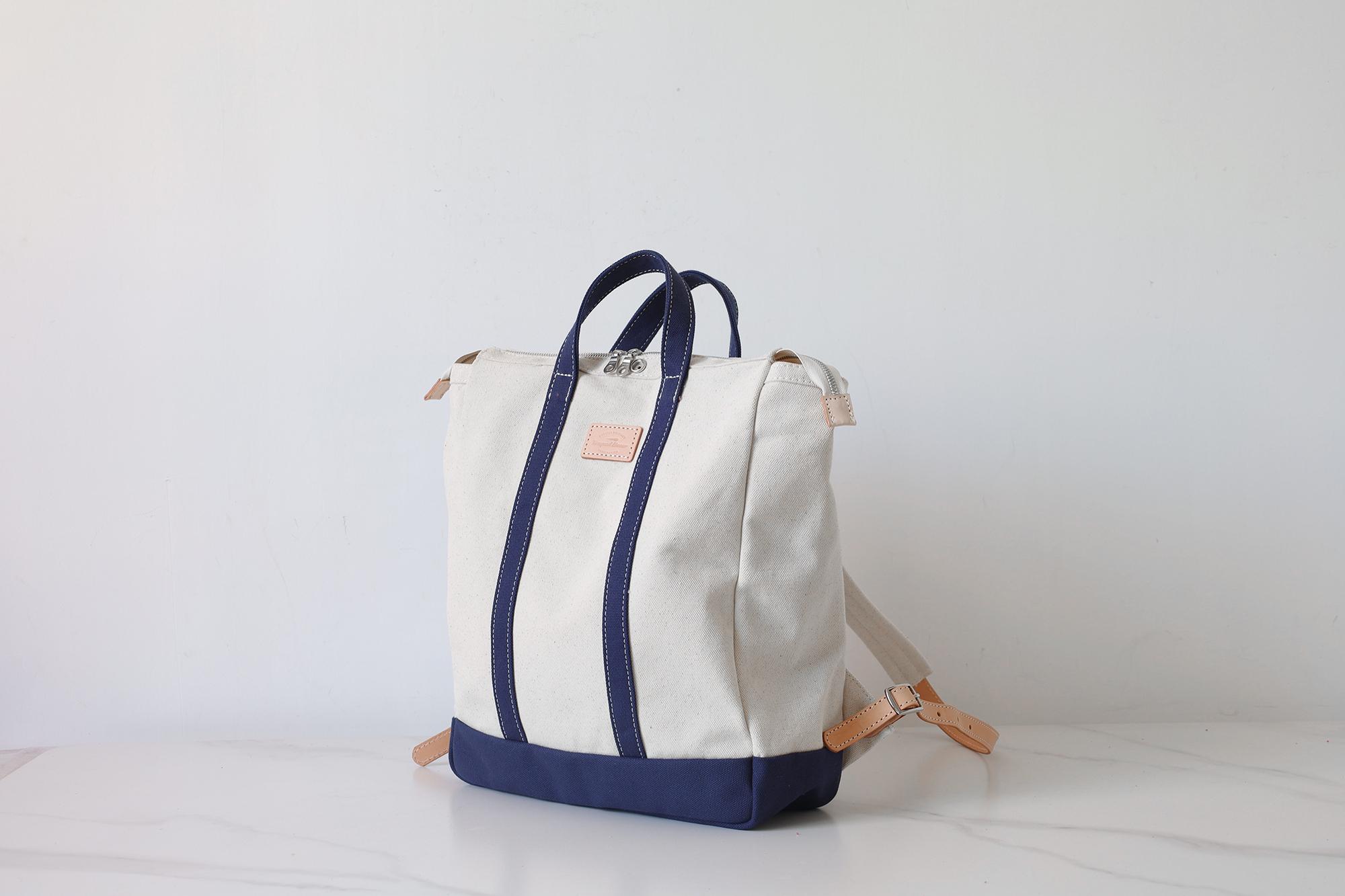 Convertible Canvas Leather Tote Backpack: White & Blue 