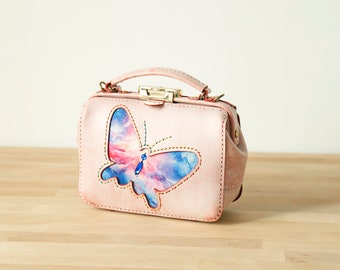 Butterfly-Dulles Doctor Bag-Cowhide Leather Purse, Leather Handbag, Women Crossbody Bag, Top Handle Mini Bag, Long Strap Purse,