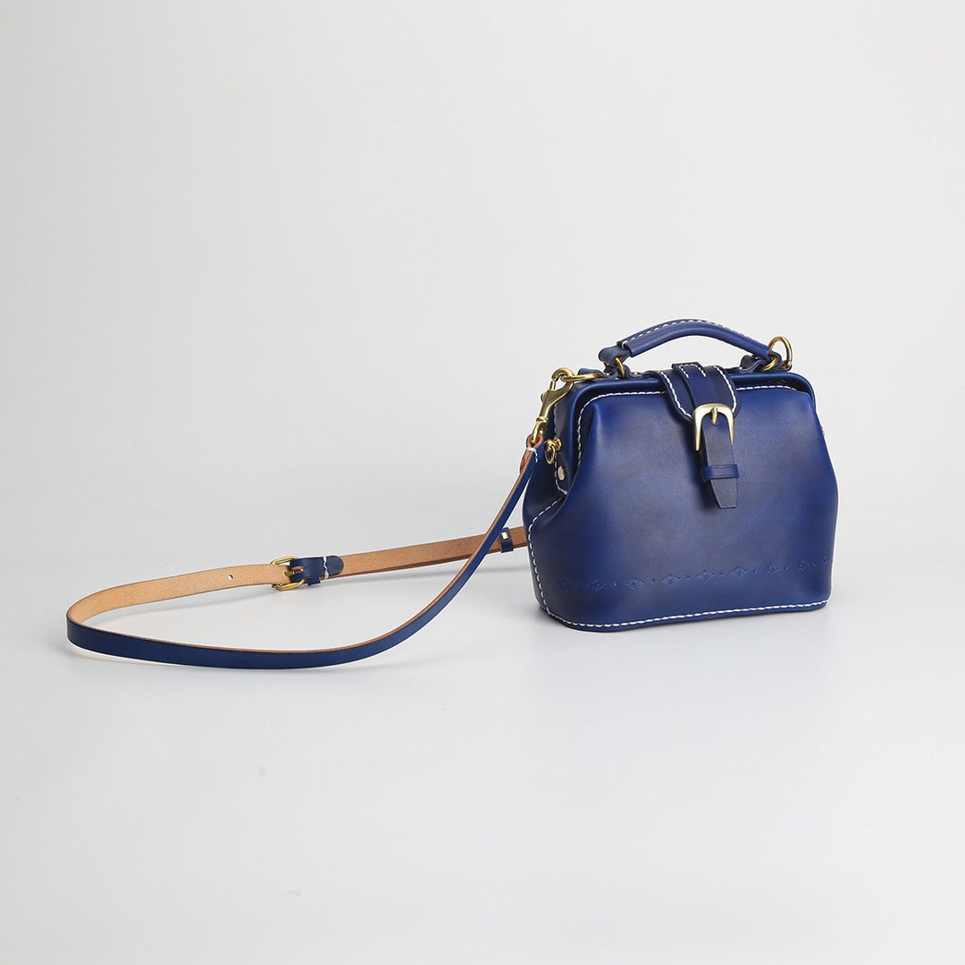 Handmade Blue Leather Doctor Bag: Italian Cowhide Crossbody Purse
