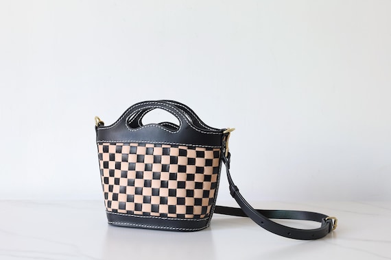 Handmade Woven Leather Basket Bag: Checkered Shoulder Purse