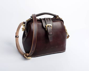 Doctor Bag-Women's Cowhide Leather Handbag Handmade Shoulder Bag Italian Leather Doctor Bags Top Handle Bag-Small Size