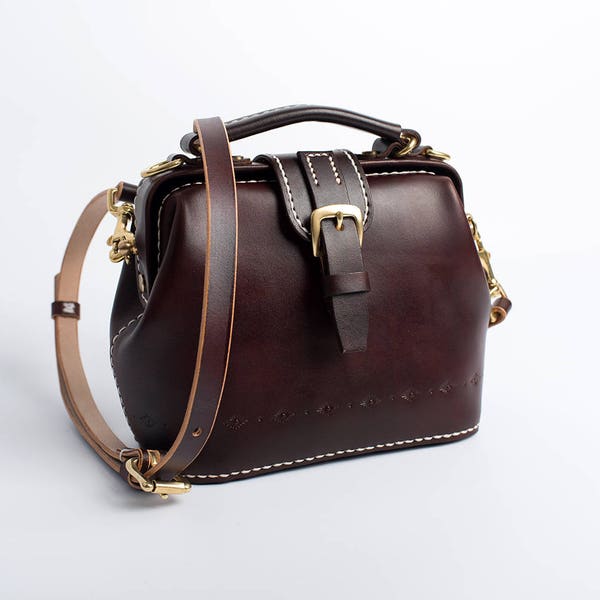 Doctor Bag-Women's Cowhide Leather Handbag Handmade Shoulder Bag Italian Leather Doctor Bags Top Handle Bag-Small Size