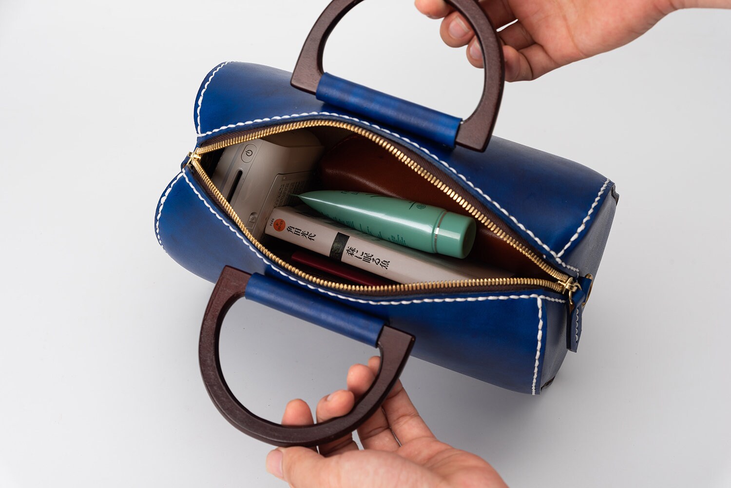 Handmade Blue Leather Barrel Bag: Mini Boston Bag With Wooden