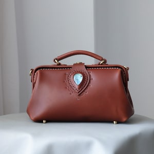 Leather Doctor Bag with Labradorite Stone: Full Grain Leather Purse