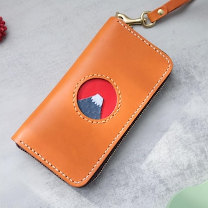 Cartera larga hecha a mano con diseño del monte Fuji en 3D: arte único cubierto de nieve
