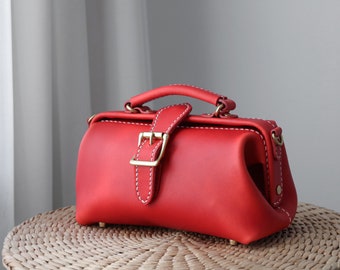 Red Leather Doctor Bag: Handmade Full Grain Leather Purse