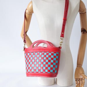 Handmade Woven Leather Basket Bag: Checkered Shoulder Purse image 15