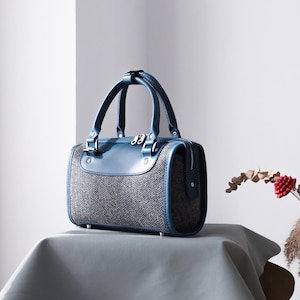 Mini Boston Bag - Damen Wollleder Tasche Handgefertigte Leder und Harris Tweed Umhängetasche Top Henkel Tasche Jeden Tag tragen