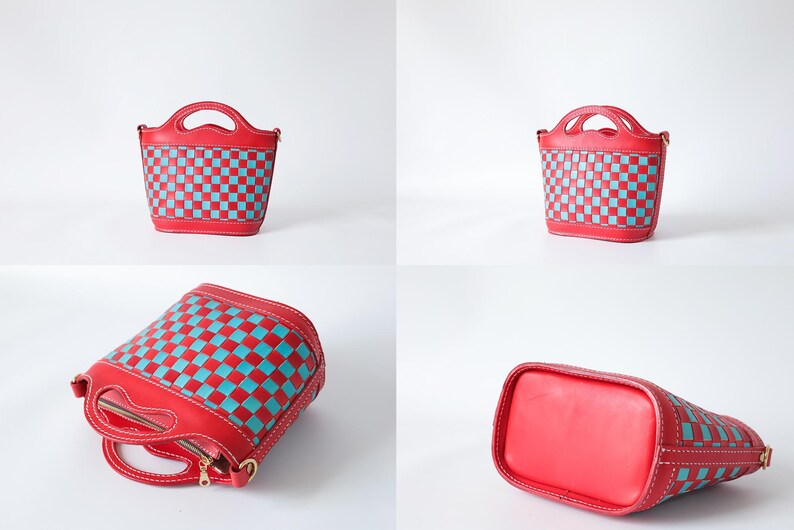 Handmade Woven Leather Basket Bag: Checkered Shoulder Purse image 12