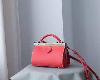 Vintage Style Red Leather Doctor Bag: Handmade Full Grain Purse