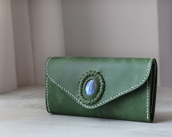 Handcrafted Green Leather Long Wallet with Labradorite Stone ,  Large Capacity Wallet