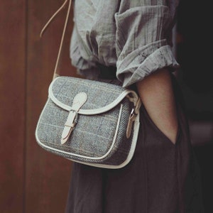 Harris Tweed Lady's Wool Leather Saddle Bag Frauen Crossbody Bag, Long Strap Geldbörse, Schultertasche jeden Tag tragen