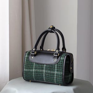 Mini Boston Bag - Damen Wollleder Tasche Handgefertigte Leder und Harris Tweed Umhängetasche Top Henkel Tasche Jeden Tag tragen