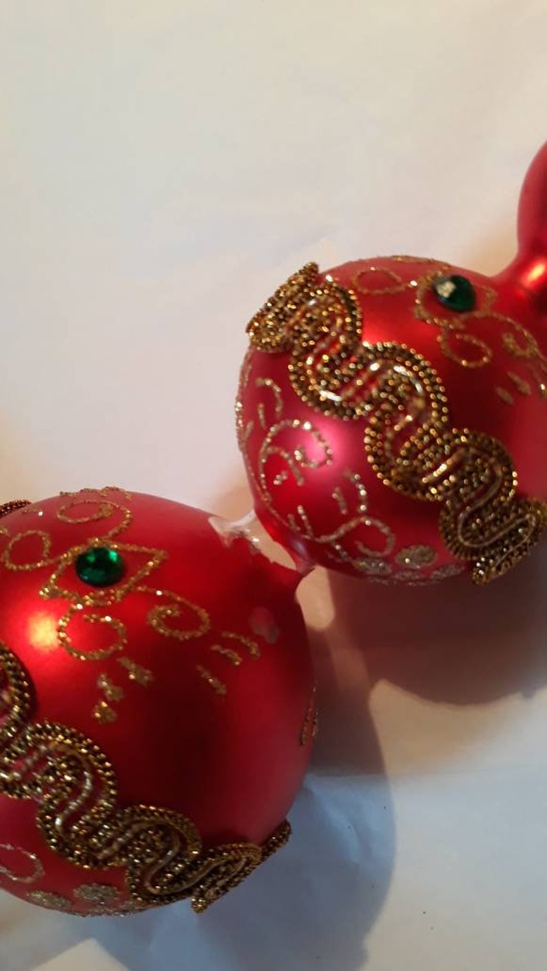 Festive Red Gold and Green Vintage Blown Glass Christmas Tree Topper with Gold Ric Rac Tiny Jewels Glittery Swirls and a Pearly Red Finish
