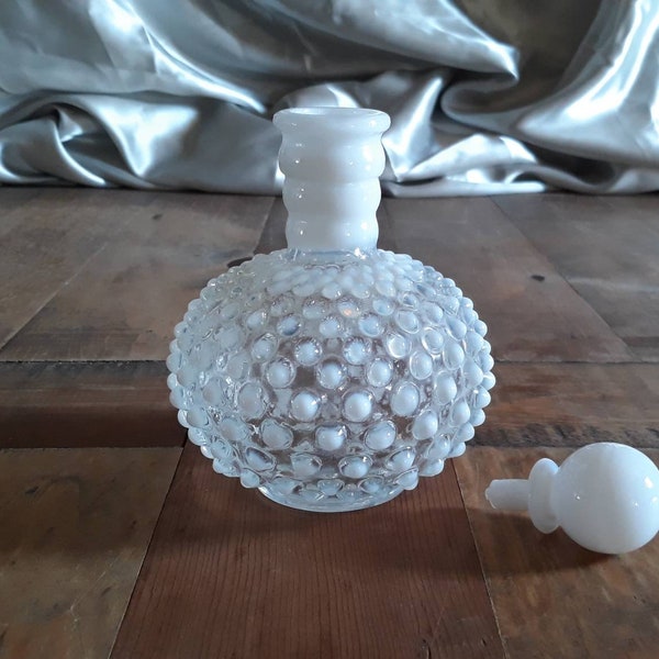 Fenton Vintage Hobnail Bottle and Stopper 2 Piece Set Opalescent Moonstone Hobnail Glass Farmhouse Elegant City Loft Chic is Missing Cork