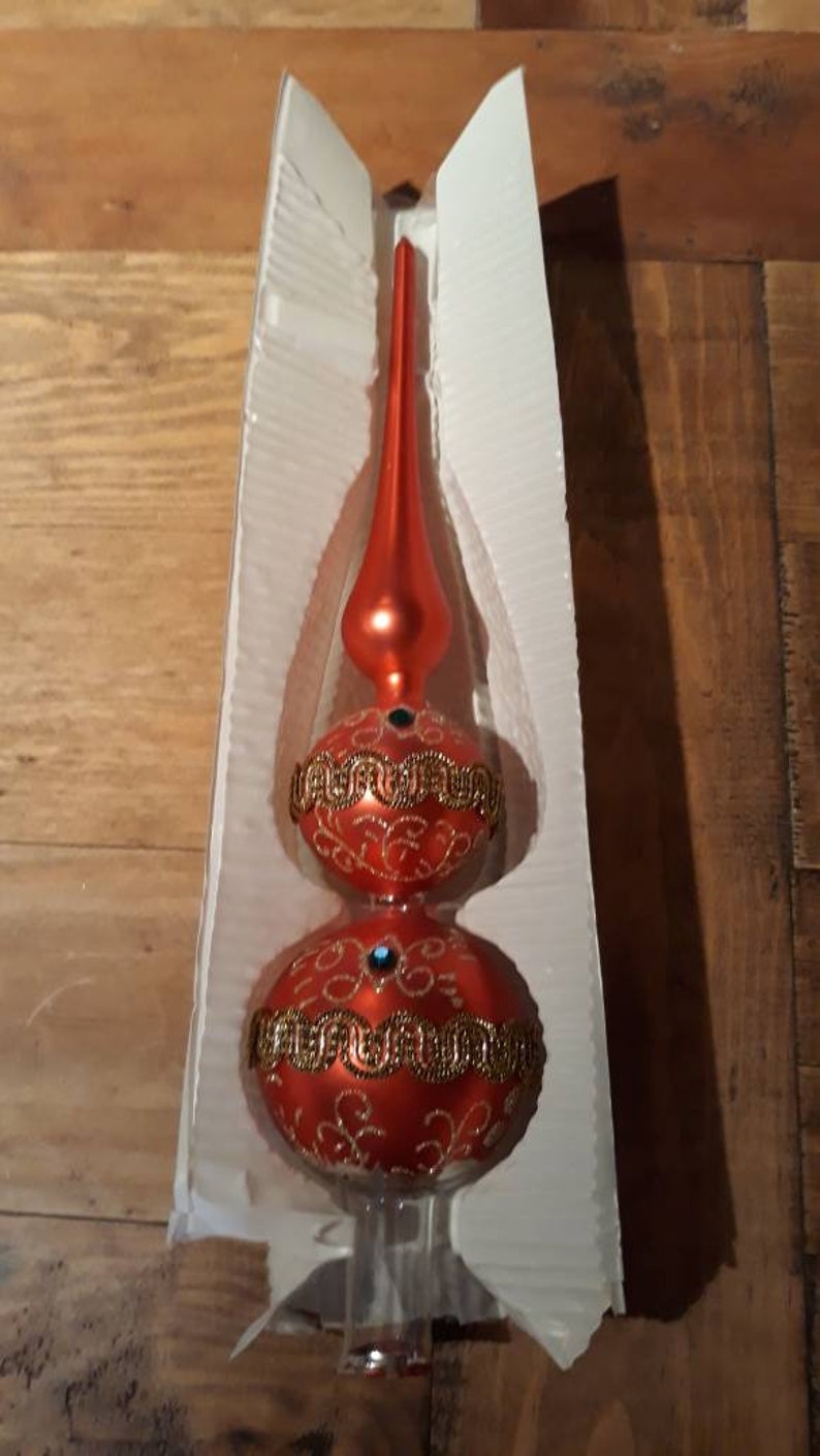 Festive Red Gold and Green Vintage Blown Glass Christmas Tree Topper with Gold Ric Rac Tiny Jewels Glittery Swirls and a Pearly Red Finish
