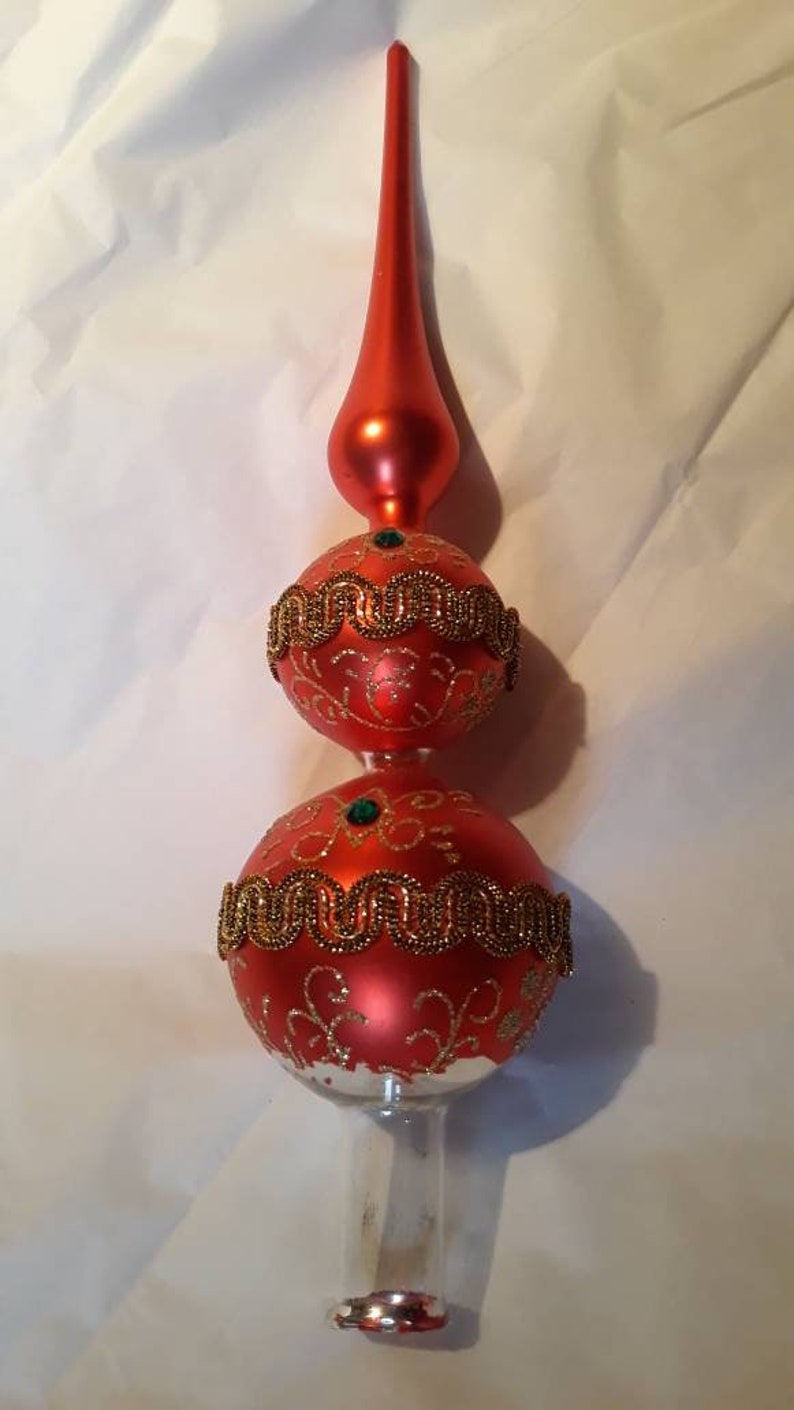 Festive Red Gold and Green Vintage Blown Glass Christmas Tree Topper with Gold Ric Rac Tiny Jewels Glittery Swirls and a Pearly Red Finish