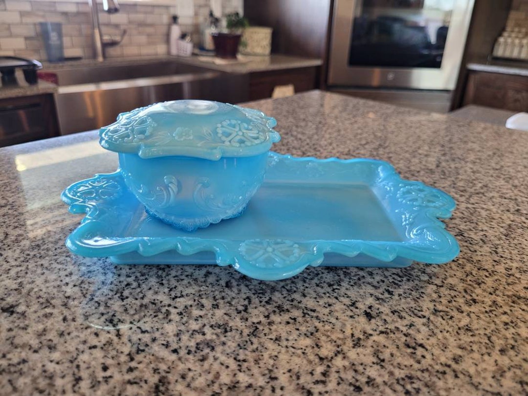 Rare Antique EAPG Blue Opaline Milk Glass Vanity Tray & Lidded Footed Powder Dish Features
