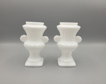 Mid Century Elegant & Unique Milk Glass Vintage Vase Pair with Classic Urn Style Design Set of 2 Vases Opalescent Sheen to Glass