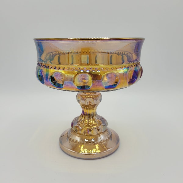 Vintage Harvest Gold Carnival Glass Pedestal Dish by Indiana Glass Co Iridescent Finish Shines Beautiful Rainbow Colors Like New Condition