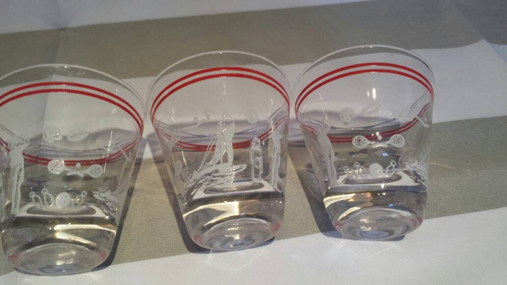 Vintage Double Shot Glasses With Sports Theme and Double Red Ring or Stripe  Set of Six 