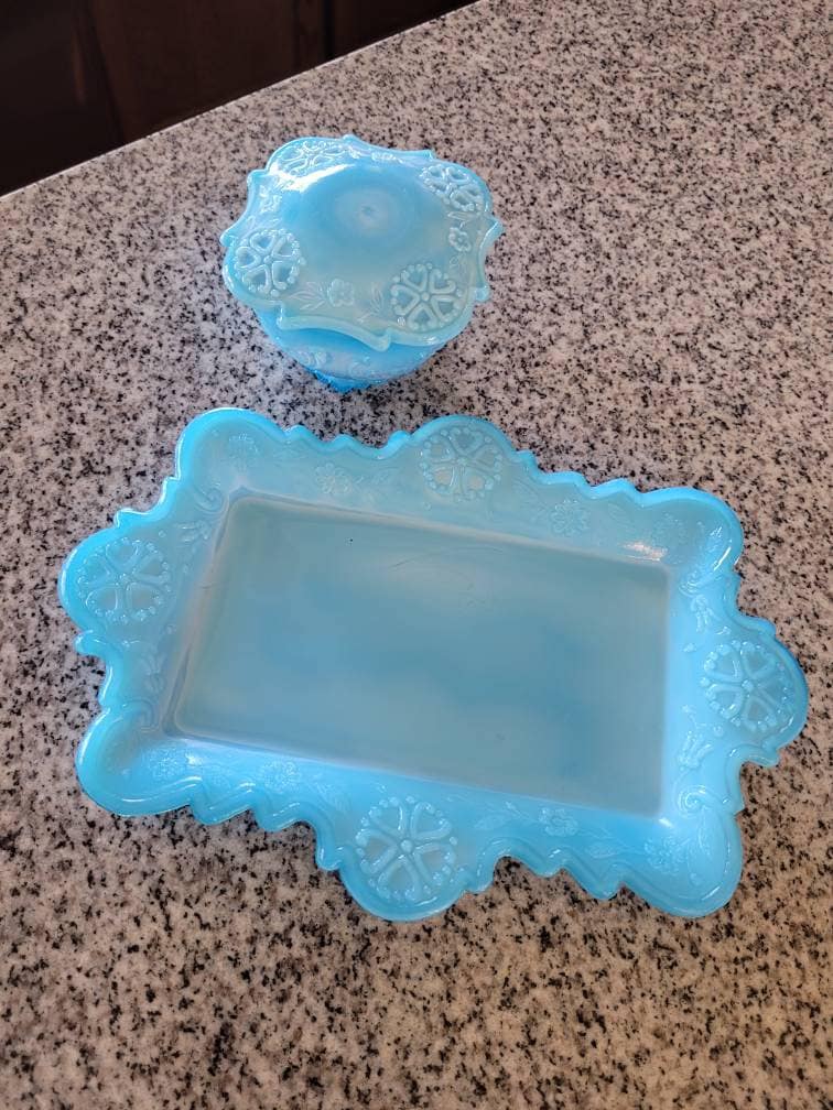 Rare Antique EAPG Blue Opaline Milk Glass Vanity Tray & Lidded Etsy