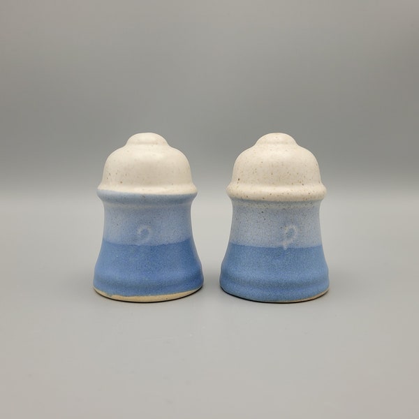 Blue Stoneware Vintage Salt and Pepper Shakers w/ Large Stripe Ombre Color Change From Dark Denim Blue to Pale Blue to Speckled Stone Color