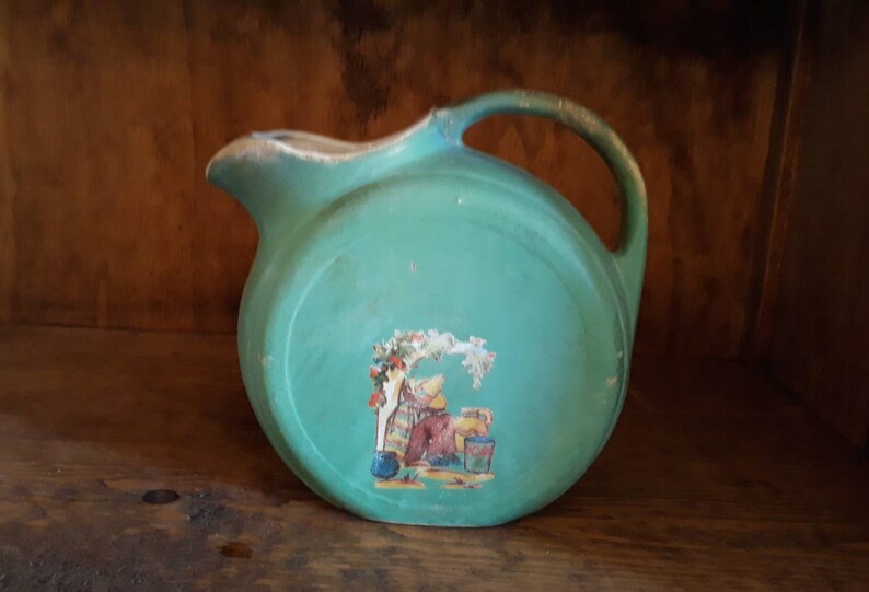 One of a Kind Vintage Rustic Green Chippy Pitcher Spanish Flair is Perfect for Large Bouquet of Flowers Watering Your Garden House Plants
