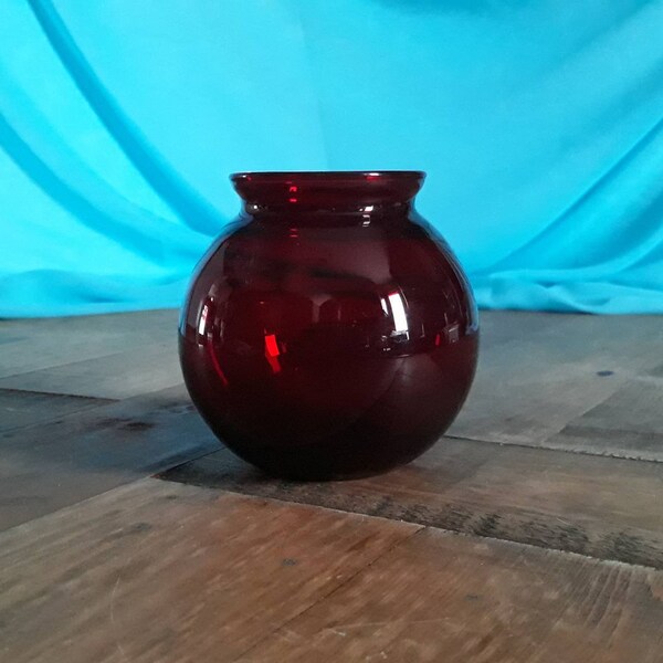 Royal Ruby Red Depression Glass Round Vase Gorgeous Deep Red Color Antique Rose Bowl Vintage Vase Super Shiny Glass Great Vintage Condition