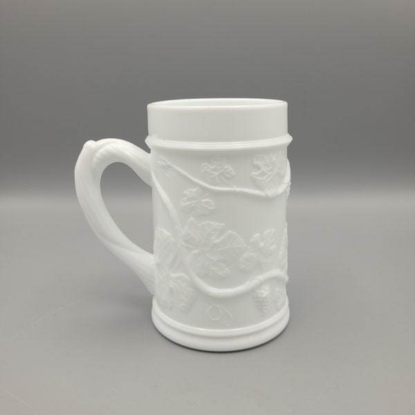 Beautiful Botanical Style Bright White Milk Glass Mug Stein Has a Beautiful Wood-look 'Vine' Handle and Pretty Scrolling Leaf Design