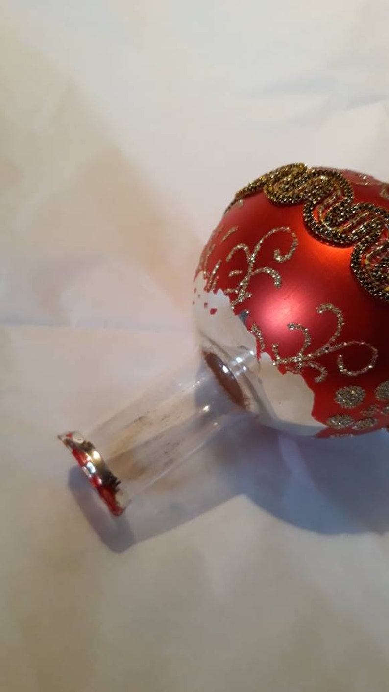 Festive Red Gold and Green Vintage Blown Glass Christmas Tree Topper with Gold Ric Rac Tiny Jewels Glittery Swirls and a Pearly Red Finish