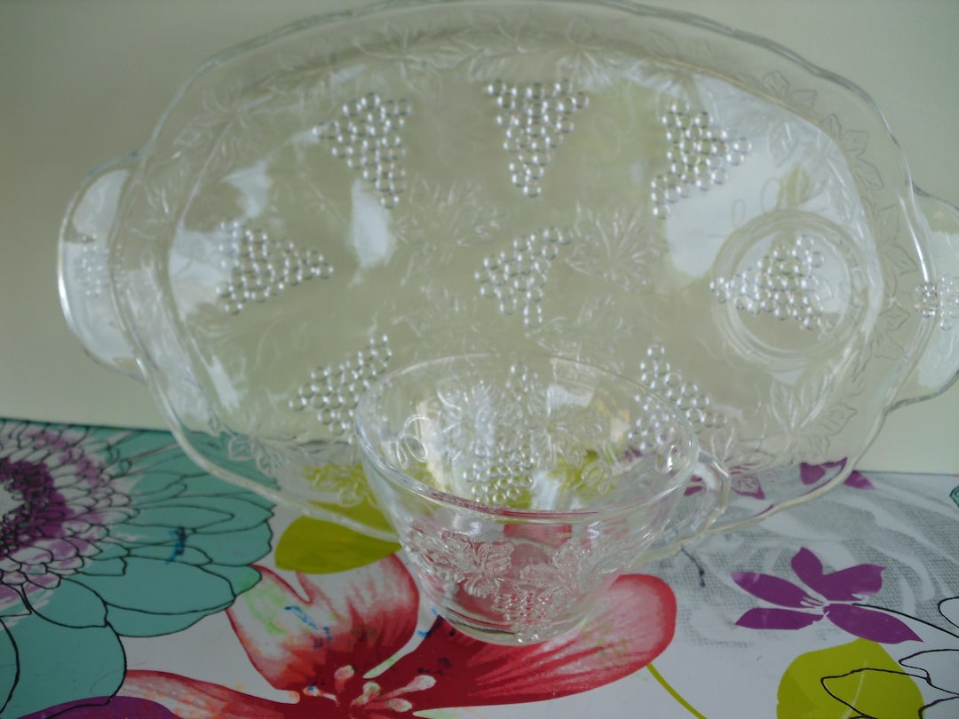Vintage Clear Glistening Glass Snack Trays With Cups 6 Sets Etsy