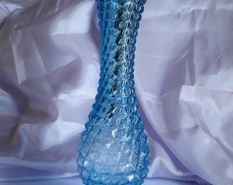 Raised Diamond Pattern Vintage Pale Blue Sparkling Aqua Glass Extra Large Vase Features a Round Flared Bottom and Wide Rim for Large Bouquet