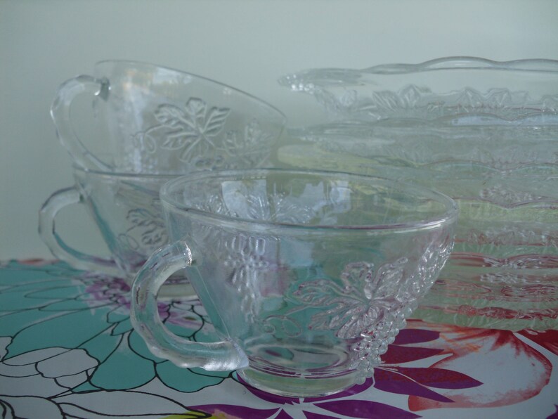 Vintage Clear Glistening Glass Snack Trays With Cups 6 Sets Etsy