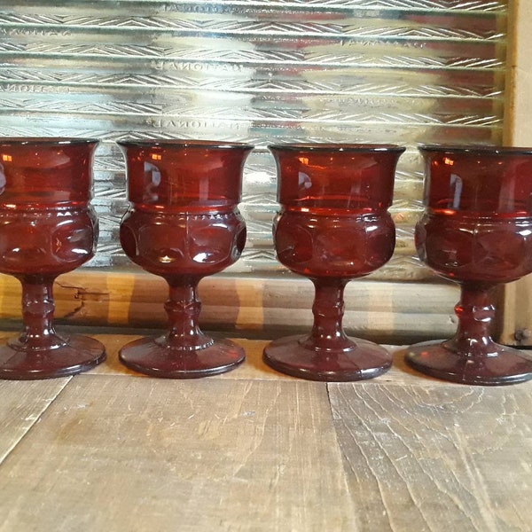 Rare Mid Century Kings Crown Ruby Red Cordials Matching Set of 4 Retro Bar Ware in Deep Tomato Red Color Tiny Stemmed Wine Glasses