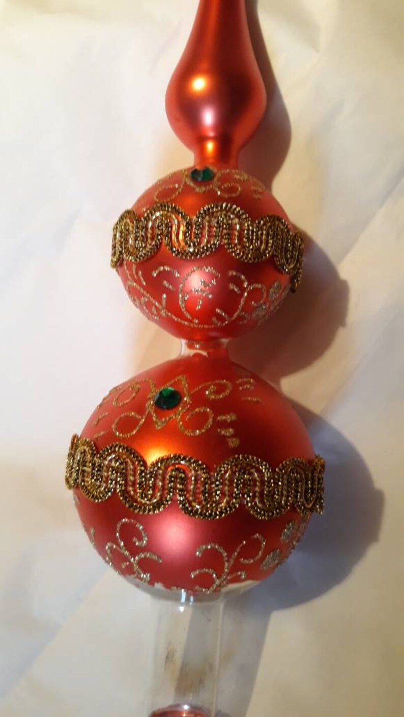 Festive Red Gold and Green Vintage Blown Glass Christmas Tree Topper with Gold Ric Rac Tiny Jewels Glittery Swirls and a Pearly Red Finish