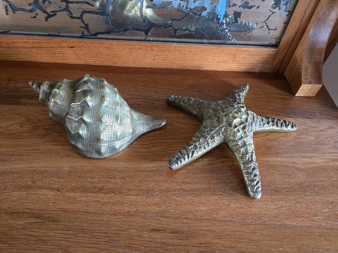 Heavy Vintage Brass Large Conch Shell & Starfish Set Highly Detailed ...