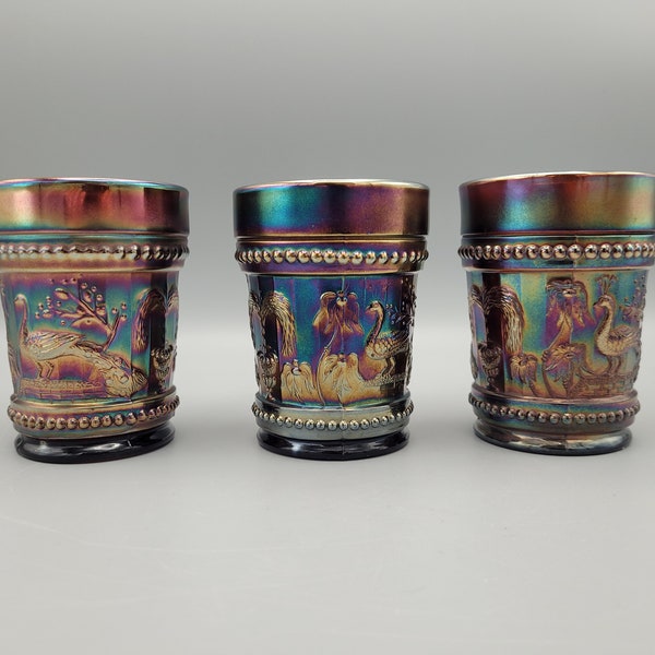 Antique Peacock at the Fountain Deep Carnival Glass Tumbler Cup Set of 3 by Dugan Glass Co Shines in a Rainbow of Iridescent Colors