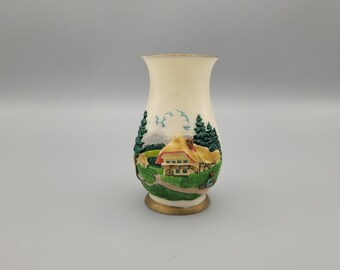 1930's Vintage Mini Bud Vase of German Mountain Villa in Northern Black Forest Features Beautiful Hand Painted 3D Relief Very Old and Rare