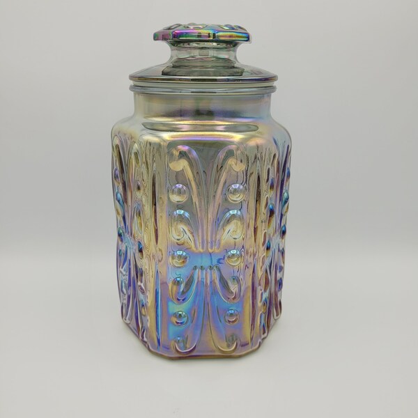 Blue Carnival Glass Rainbow of Color Vintage Large Lusterware Storage Canister Features Lovely Scroll Design & has Air Tight Sealing Lid